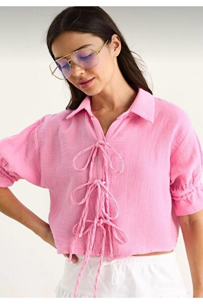 hedef giyim Short Muslin Shirt with Tie Detail