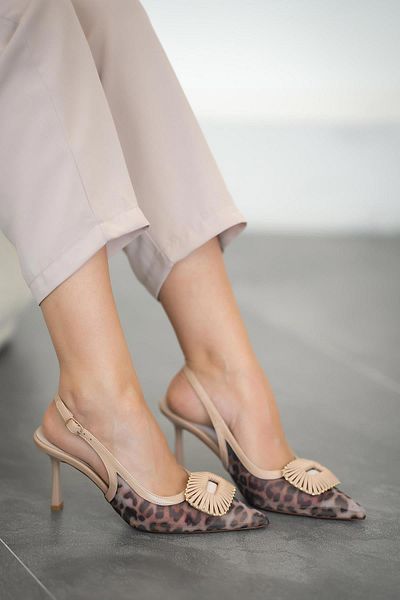 Parponi Munich Mesh Detailed Women's Leather Heeled Shoes Beige