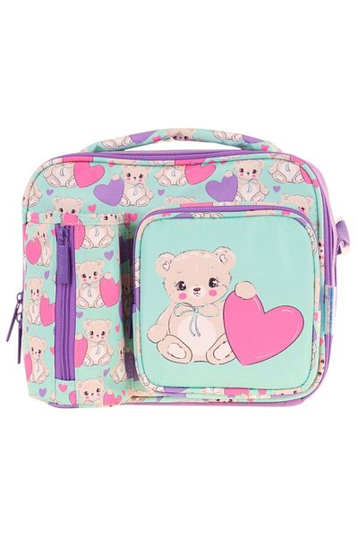 KAUKKO Girl's Turquoise Purple Teddy Bear Thermal Insulated Three Compartments (Water Bottle Pocket) School Lunchbox L7239