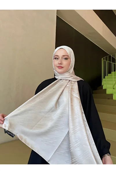 hijabchi Μοτίβο με γραμμή μεταξένιο σάλι ζακάρ - μπεζ