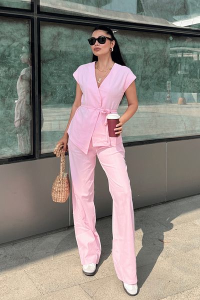 giyimmasalı Cotton Linen Fabric Vest Suit - Pink
