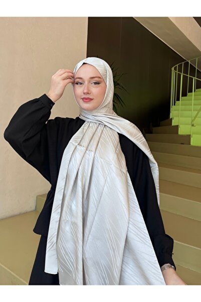 hijabchi Μοτίβο με γραμμή μεταξένιο σάλι ζακάρ - μπεζ