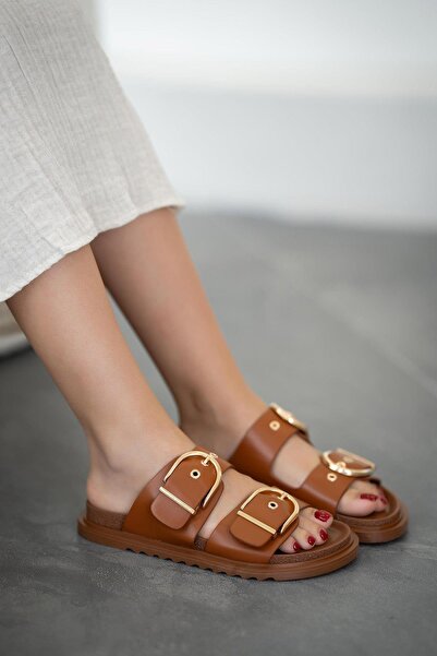 Parponi Desmond Thick Soled Buckle Leather Women's Slippers Brown