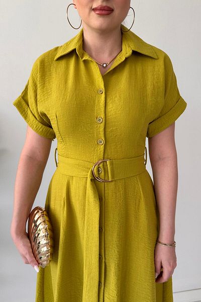MaziButik Metal Belted Shirt Dress Oil Green