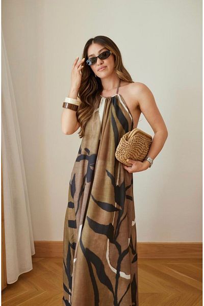 FEMMESTUDIO Women's Brown Halter Neck Patterned Lined Linen Dress with Elastic Back