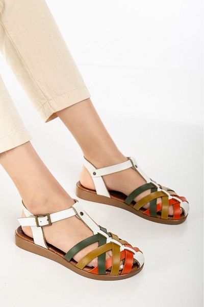 ünverdi Genuine Leather Smyrna White Garni Strap Adjustable Flat Sole Basement Sandals