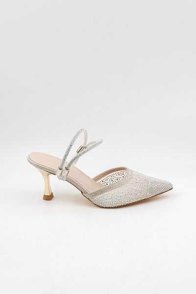 Park Moda Stoned Short Low Heeled Open Back Evening Dress Women's Slippers and Shoes Pm309 Gold