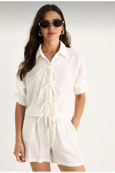 hedef giyim Short Muslin Shirt with Tie Detail