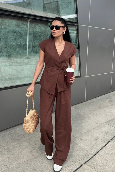 giyimmasalı Cotton Linen Fabric Vest Suit - Brown