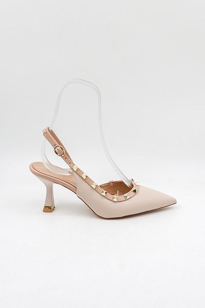 Park Moda Short Low Heeled Open Back Staple Detailed Women's Shoes Pm492 Beige Skin Nut
