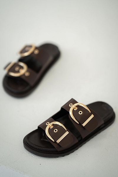 Parponi Desmond Thick Soled Buckle Leather Women's Slippers Brown