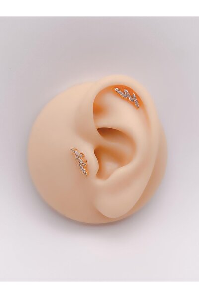 Trinos Cerrrahi Çelik Piercing ( Pirsing ) Üç İnce Taşlı Tragus Helix Piercin...