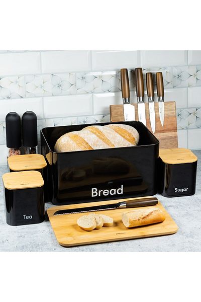 Kinghoff Black bread box set with 3 containers, steel, bamboo lids, Kinghoff KH1086