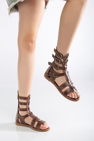 ünverdi Sandale de damă Nova Gladiator Tan 4 cu centură cu talpă plată reglabilă Bodrum