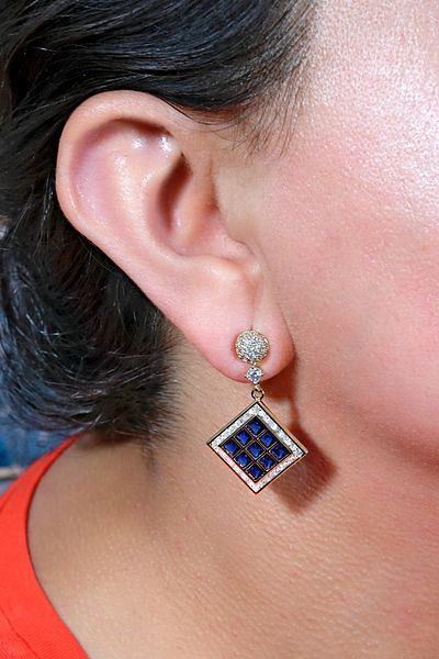 ÖZÜM TAKI Women's Zircon Stone Dark Blue Square Hanging Earrings Gold