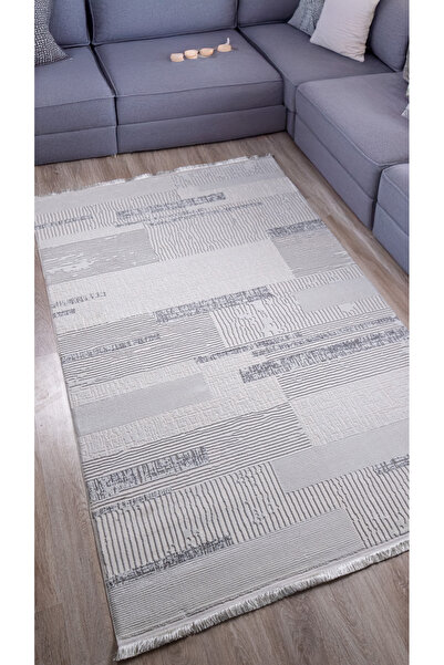 Badelya Home Beyaz Gri Polyester Halı Antibakteriyel Saçaklı Tozumaz Salon Oturma Çocuk Odası Yolluk Makine