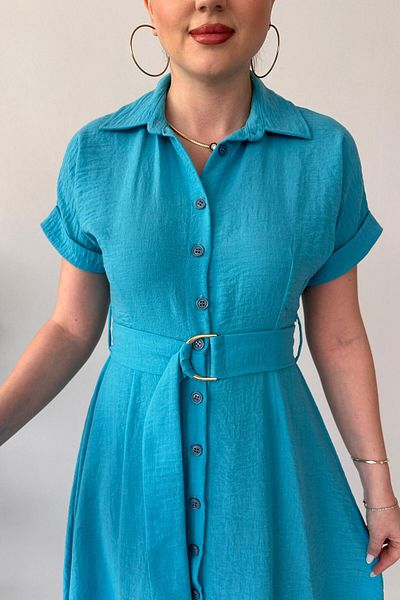 MaziButik Metal Belted Shirt Dress Blue