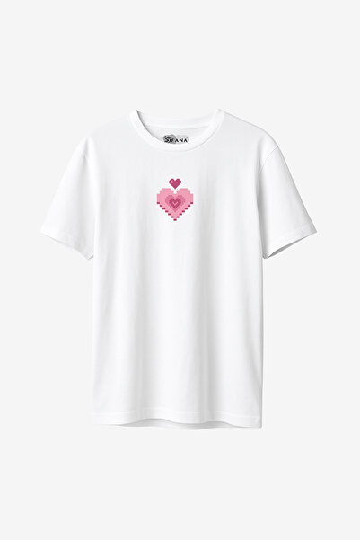 FANA Women's White T-Shirt Minimal Retro Heart Printed Summer T-Shirt