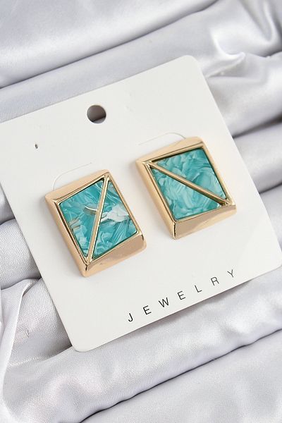 SeyCey.co Brass Turquoise Triangle Cut Detailed Square Model Vintage Gold Color Women's Earrings