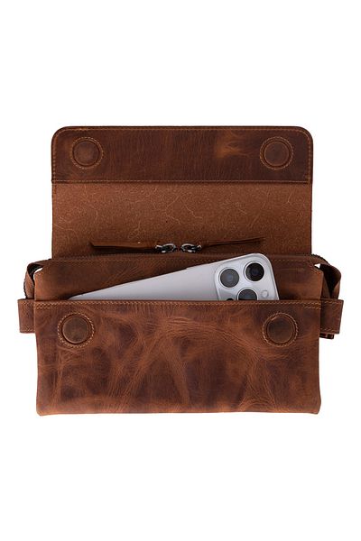 Lev Leather Genuine Leather Handbag with Magnetic Cover, Phone Compartment and Wrist Strap