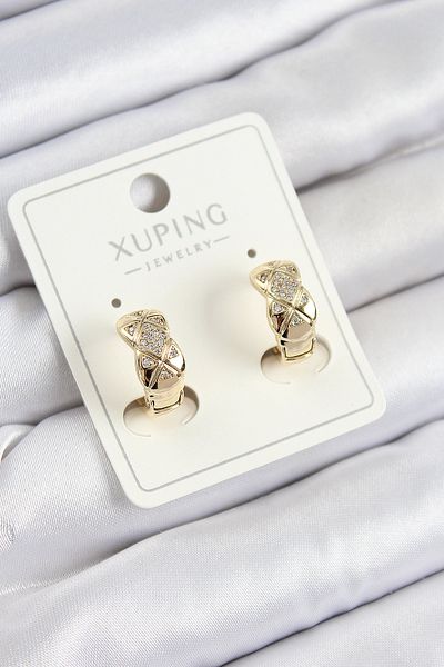 SeyCey.co Xuping Zircon Stone Geometric Patterned Hoop Model Gold Color Women's Earrings