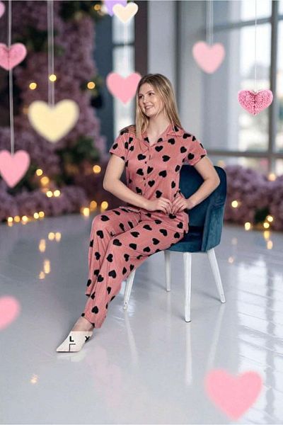 ÇEÇEN HOME Pink Short Sleeve Shirt Collar Pajama Suit