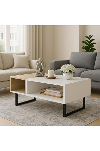 Alina Dizayn Damla Orta Sehpa Beyaz Safirmeşe Metal Ayaklı Dikdörtgen Orta Sehpa