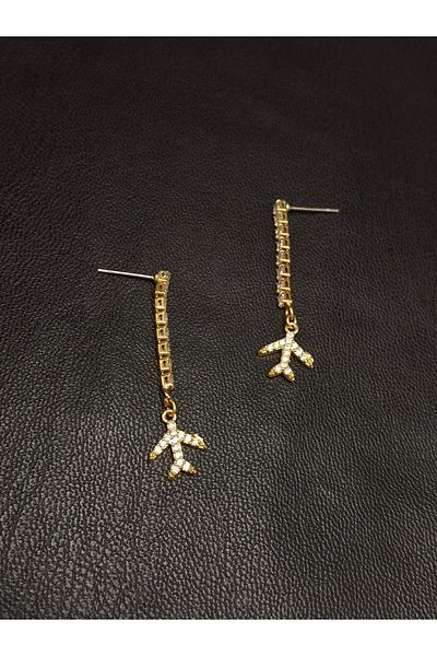 Han Ticarethane Gold Color Stone Waterway Airplane Model Earrings