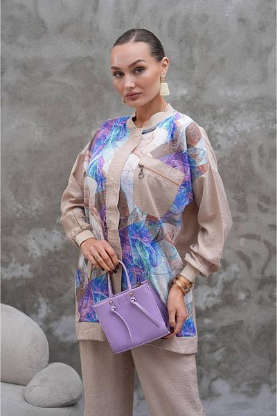 CELTMODA Women's Strawberry Garni Patterned Collar Pocket Zippered Bottom-Top Set - Beige