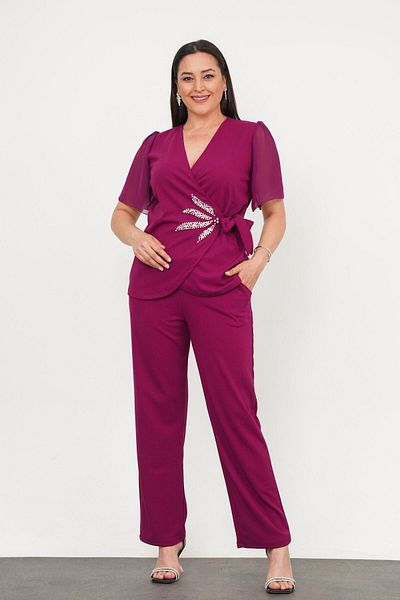 ZISHAN Plus Size Pearl Stone Detail Chiffon Sleeve Double Suit (Blouse + Pants) 025