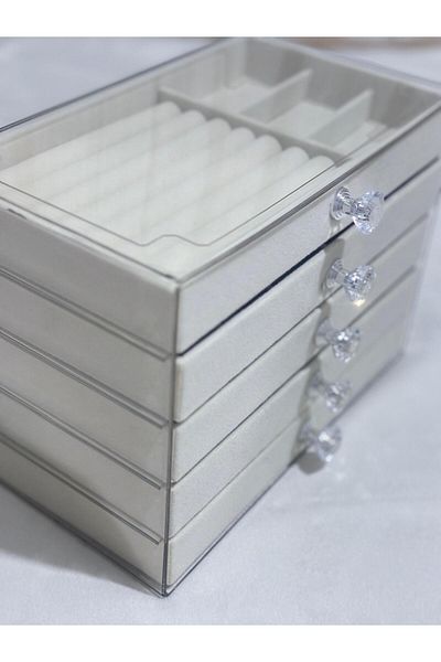mirakuş 5 Tier Luxury Velvet Lined Jewelry Organizer with Drawers Cream Color