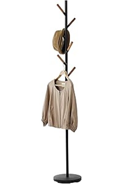 ASİTAN Yamazaki Ahşap Kancalı Ev Bağımsız Palto Askısı Rafı, Yerden Tasarruf Sağlayan Çelik Bir Boyut Siya