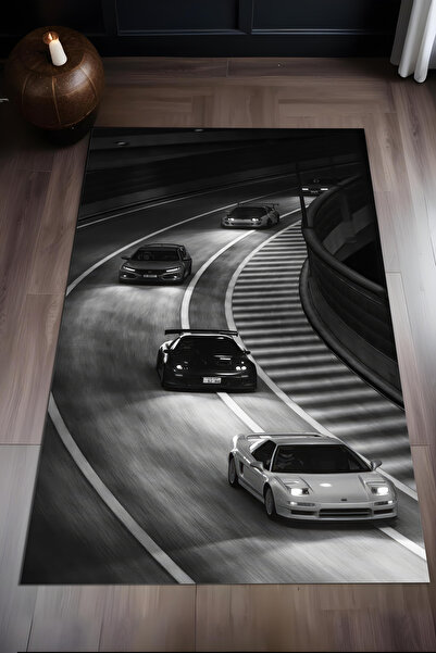 Liriya Dijital Baskı Araba Temalı Kaymaz Taban Leke Tutmaz Makinada Yıkanabilir Salon Halısı Genç Halısı