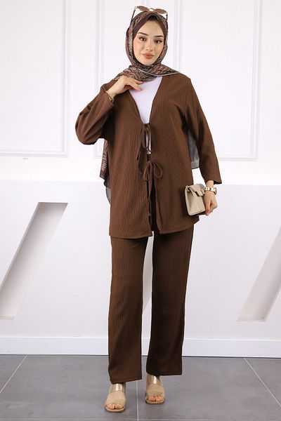 İmajButik Brown Front Tie Wrap Kimono Pants Set