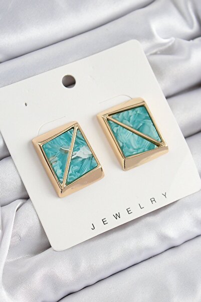 Toptan Bulurum Brass Turquoise Triangle Cut Detailed Square Model Vintage Gold Color Women's Earrings