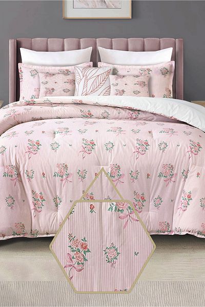 Bee Home Bed and Bath Sweet Serena | 6 Pieces King Comforter Set - 280 X 244 Cm - Pink