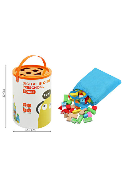 İSP Wooden Cube Construction Set 200 Pieces "LikeSmart DigitalBlocks Bucket", Numbers, Letters,