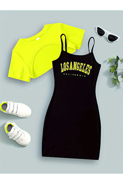 DLRboutique Çocuk Ayıcık Baskı Elbise Crop Sweat Kombin
