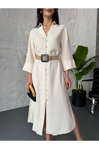 Elif Özbey Butik Φόρεμα από λινό με ζώνη από πέτρα με κουμπιά