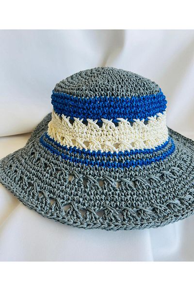 ESDE Gray and Blue Colored Stylish Design Hand Knitted Straw Hat