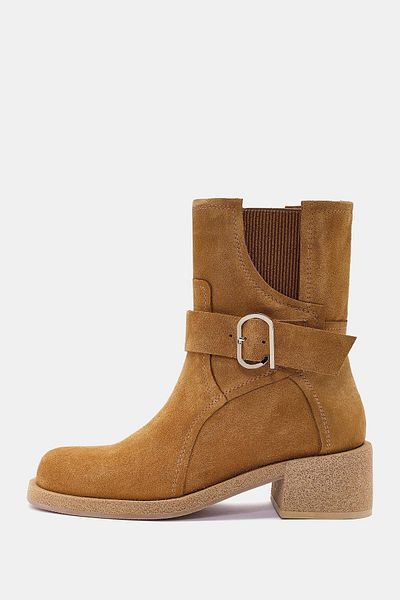 Bestyle Rafles Women's Camel Real Suede Leather Buckle Detailed Thick Heeled Boots