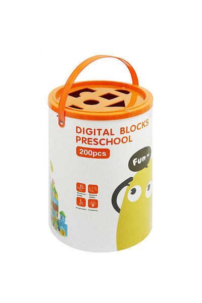 İSP Wooden Cube Construction Set 200 Pieces "LikeSmart DigitalBlocks Bucket", Numbers, Letters,