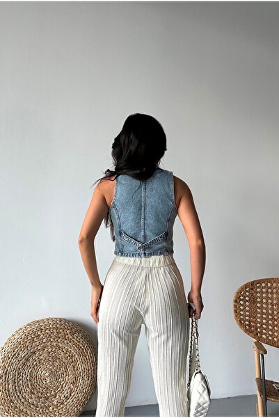 WODDİ Franny Жіночі сині джинси з деталями на застібці, кишенями та ґудзиками, укорочені джинсові жилети