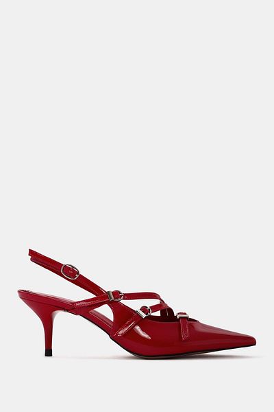 Bestyle Berry Women's Red Patent Leather Buckle Heeled Shoes