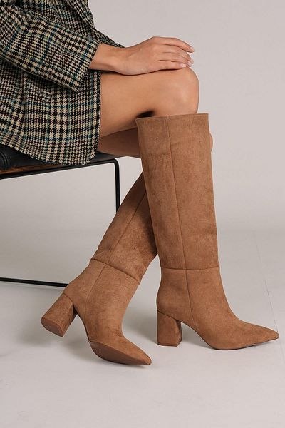 Bestyle Lopez Women's Camel Pointed Toe Thick Heeled Boots