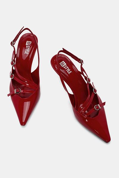 Bestyle Berry Women's Red Patent Leather Buckle Heeled Shoes