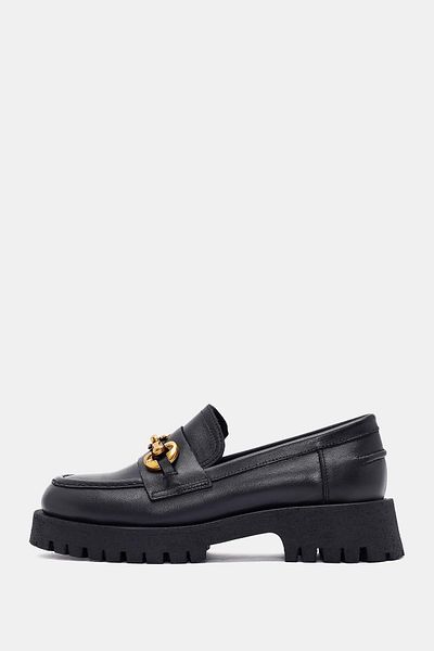 Bestyle Pamela Women's Black Real Leather Buckle Detailed Loafer