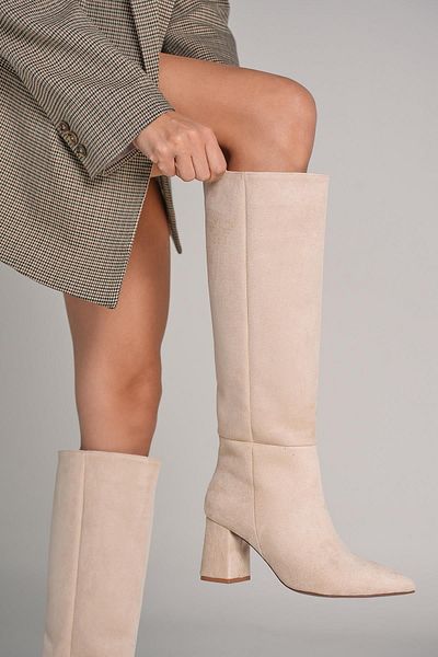 Bestyle Lopez Women's Beige Pointed Toe Thick Heeled Boots