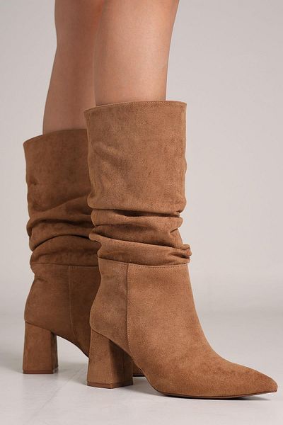 Bestyle Luna Women's Camel Pointed Toe Thick Heeled Boots