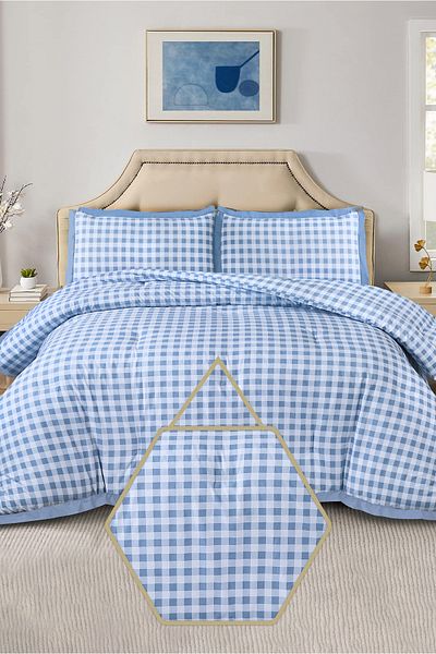 Bee Home Bed and Bath Gingham | 3 Pieces King Comforter Set - 244 x 280 cm - Blue